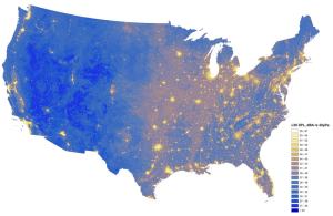 Map of existing sound conditions, where bright areas represent locations with high noise impact